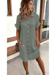 Casual solid color cotton linen button-down long short sleeve loose shirt dress