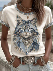 Women's Cowboy Cat Print Casual Tee