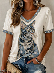 Women's Cowboy Cat Print Casual V-Neck Tee