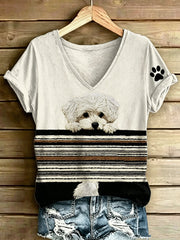 Women's Animal Dog Stripes Printed Vintage Fashion Loose Short Sleeve T-Shirt