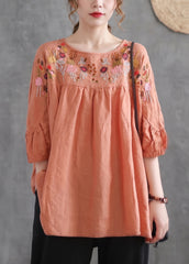 Loose Navy O-Neck Embroideried Cotton T Shirt Half Sleeve