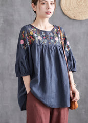 Loose Navy O-Neck Embroideried Cotton T Shirt Half Sleeve