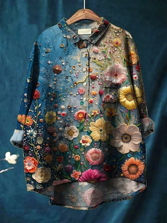 Women's Retro Floral Print Casual Cotton And Linen Shirt