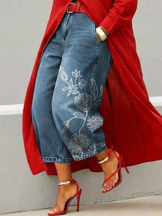 Women's Vintage Flower Art Print Casual Jeans