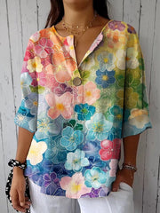 Women's Dreamy Rainbow-colored Flowers Casual Cotton Linen Shirt