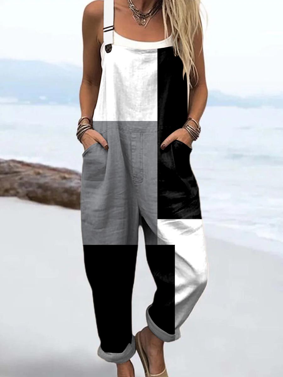 Women's Abstract Geometric Pattern Art Print Casual Cotton Wide Leg Jumpsuit