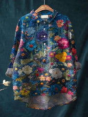 Women's Vintage Flower Print Casual Cotton And Linen Shirt RB006