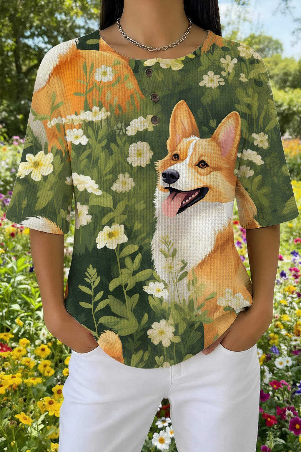 Womens Green Corgi Floral Print Casual Waffle Cotton Shirt