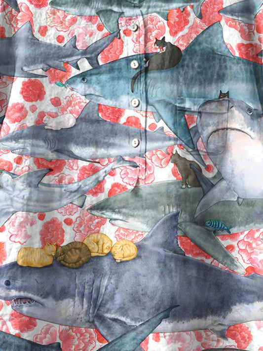 Funny Fish Shark Cat Flower Art Pattern Print Casual Cotton And Linen Shirt