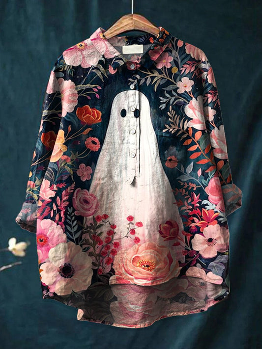 Women's Halloween  Ghost Art Print Casual Cotton And Linen Shirt