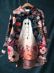 Women's Halloween  Ghost Art Print Casual Cotton And Linen Shirt