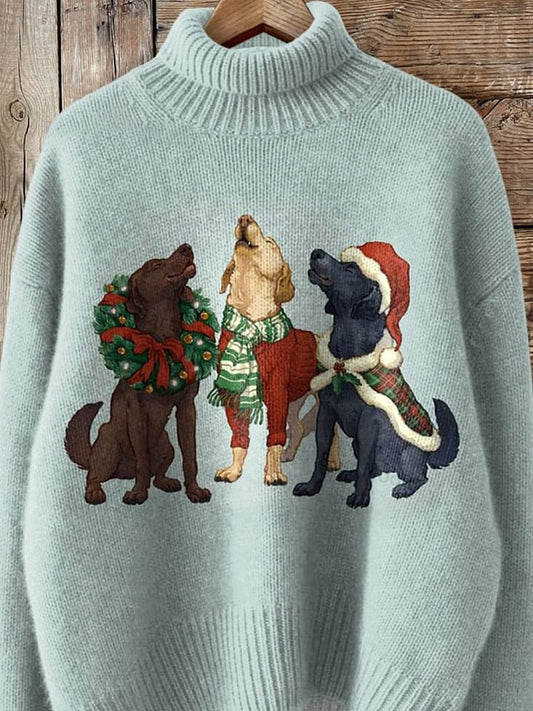 Lovely Labrador Dog And Christmas Graphic Printed Knit Turtleneck Pullover Sweater
