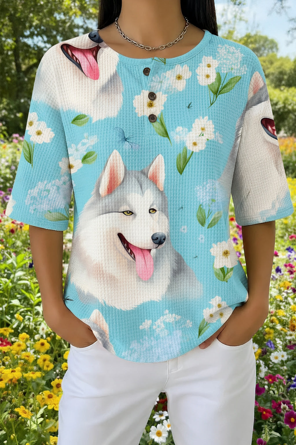Womens Aqua Blue Husky Floral Print Casual Waffle Cotton Shirt