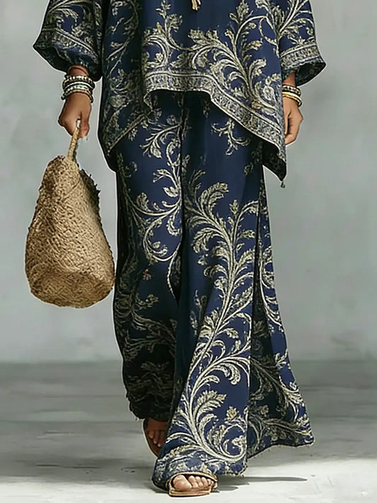 Women's Vintage Ethnic Floral Art Comfortable Loose Cotton Linen Wide-leg Pants Two-piece Set