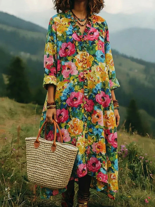 Easygoing Ruffle-Trim V-Neck Pocket Maxi Dress