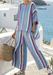Casual Black Striped T Shirts And Crop Pants Two Pieces Set Summer