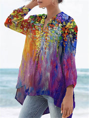 Women's  Flower Print Casual Linen V-neck Shirt