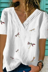 Dragonfly Print V-neck Short Sleeves T-shirt