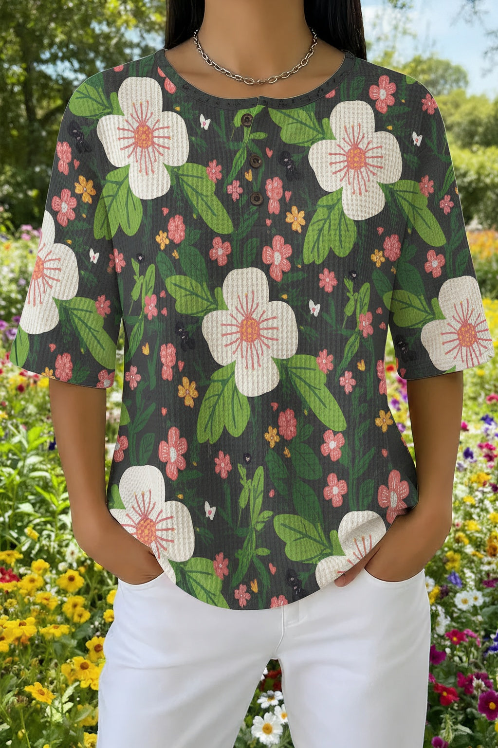 Womens Dark Green Large Floral Print Casual Waffle Cotton Shirt