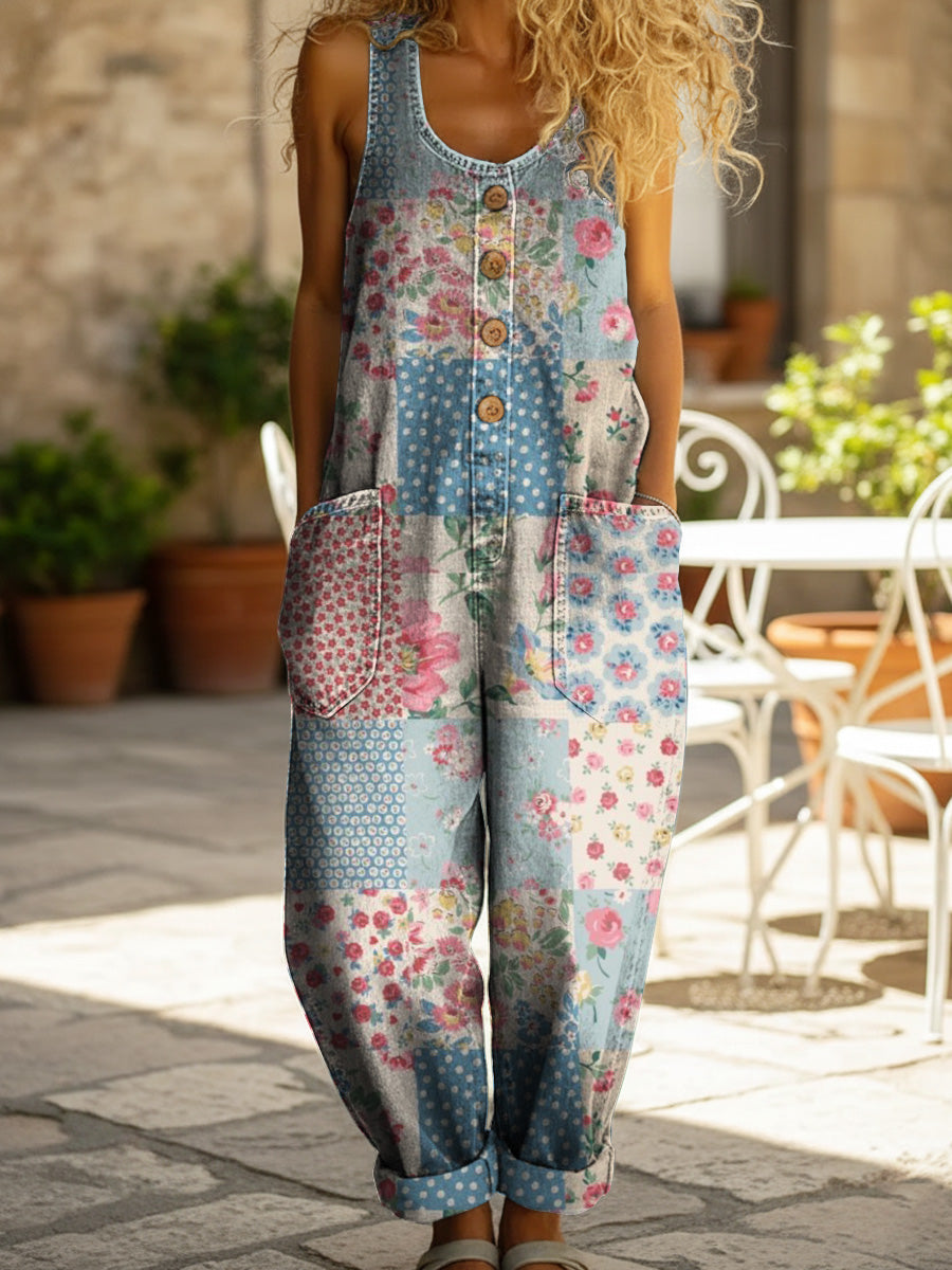 Women's Vintage Pastoral Patchwork Pattern Print Casual Denim Jumpsuit