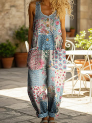 Women's Vintage Pastoral Patchwork Pattern Print Casual Denim Jumpsuit
