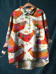 Cartoon Cute Line Hand Drawn Rooster Print Cotton And Linen Shirt