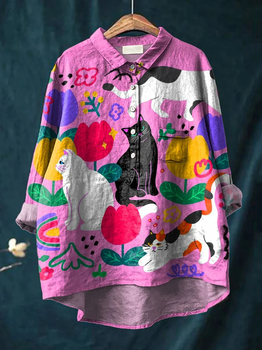 Vintage Lovely Cats Art Print Casual Cotton And Linen Shirt