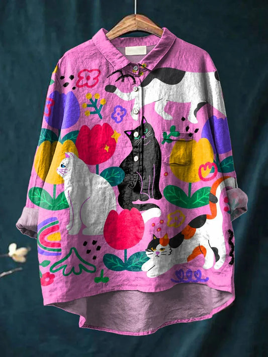 Vintage Lovely Cats Art Print Casual Cotton And Linen Shirt