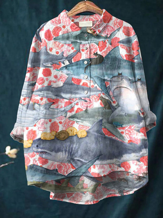 Funny Fish Shark Cat Flower Art Pattern Print Casual Cotton And Linen Shirt