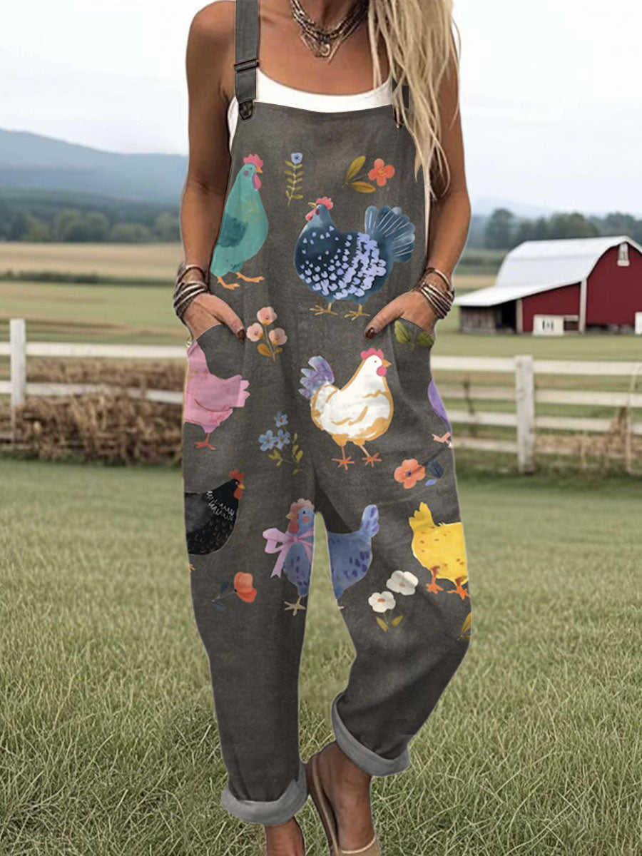 Women's  Vintage Flower Chick Art Print Casual  Wide Leg Jumpsuit