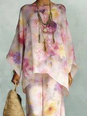 Women's Vintage Floral Art Comfortable Loose Cotton Linen Wide-leg Pants Two-piece Set