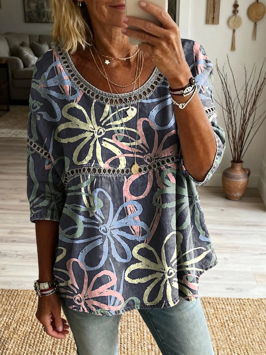 Women's Floral Pattern Art Print Casual Round Neck Lace-up Top