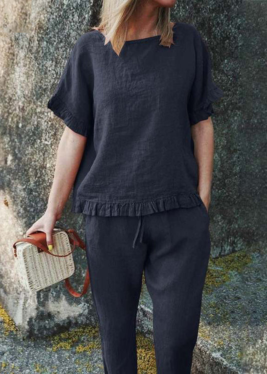 Casual Black Ruffled Patchwork Solid Top And Crop Pants Two Pieces Set Short Sleeve