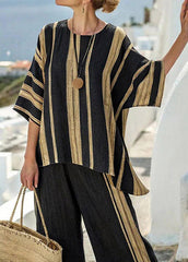 Casual Black Striped T Shirts And Crop Pants Two Pieces Set Summer