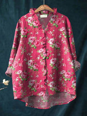 Women's Art Print Casual Cotton And Linen Ruffle Shirt
