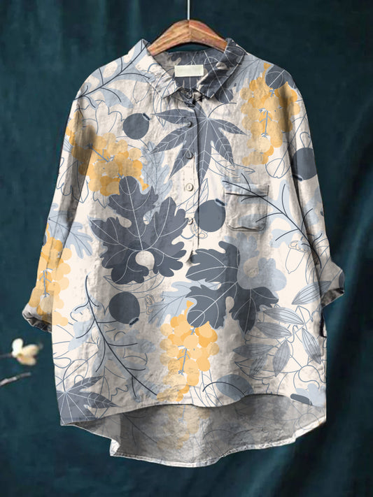 Women's long sleeved retro leaf print casual cotton and linen shirt
