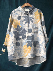 Women's long sleeved retro leaf print casual cotton and linen shirt