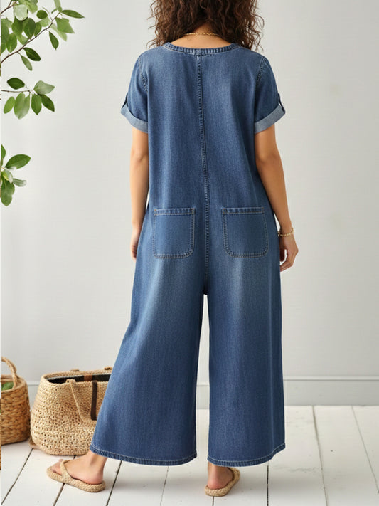 Women's Casual Loose Short-sleeved Denim Jumpsuit