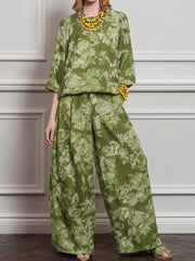 Women's Loose-fit Cotton-linen Top & High-waisted Wide-leg Pants Set