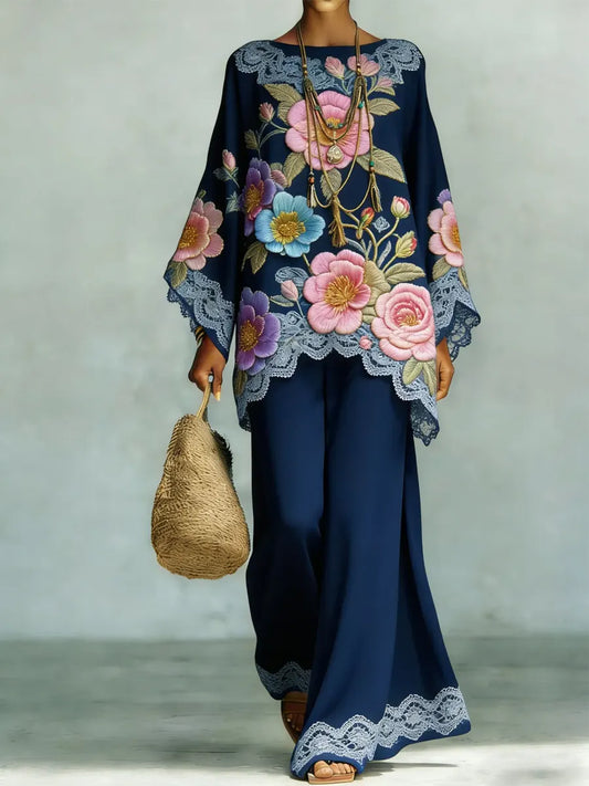 Women's Vintage Ethnic Floral Art Comfortable Loose Cotton Linen Wide-leg Pants Two-piece Set