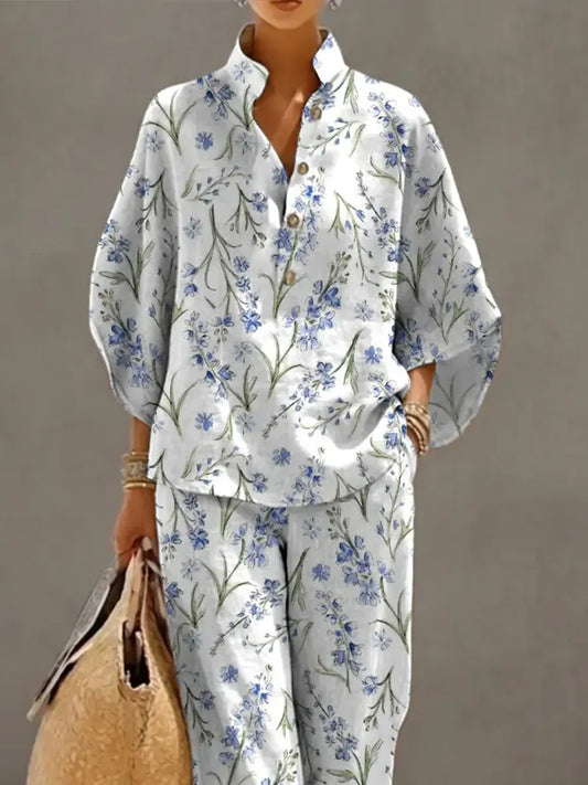 Women's Retro Floral Art Print Casual 3/4 Sleeve Top And Pants Cotton Linen Suits