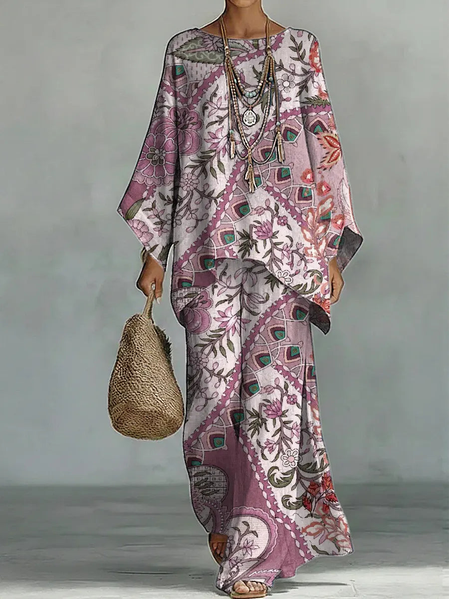 Women's Vintage Floral Art Comfortable Loose Cotton Linen Wide-leg Pants Two-piece Set