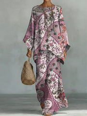 Women's Vintage Floral Art Comfortable Loose Cotton Linen Wide-leg Pants Two-piece Set