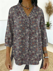 Women's  Vintage Flower Print Casual Ruffled Shirt