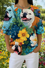 Womens Blue Sunflower Dog Print Casual Waffle Cotton Shirt