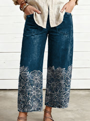 Women's Vintage Flower Art Print Casual Trousers With Pockets