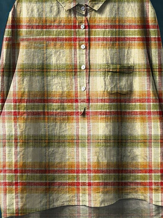 Vintage Plaid Pattern Art Print Casual Cotton And Linen Shirt
