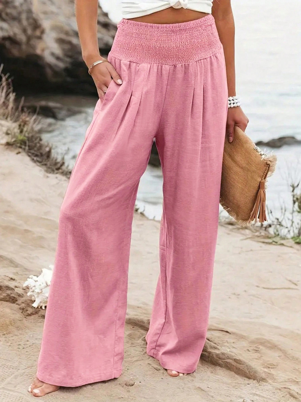 Women's Pink Pleated Cotton And Linen Casual Pants