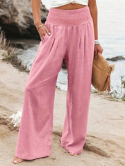 Women's Pink Pleated Cotton And Linen Casual Pants