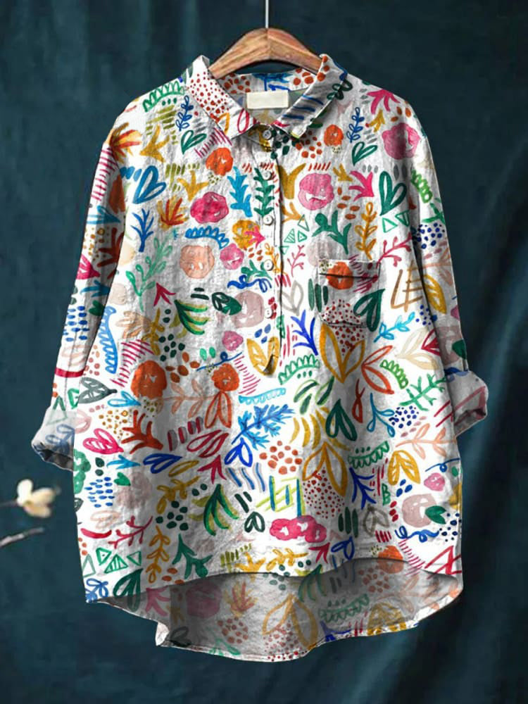 Women's Watercolor Leaves Flower Art Print Casual Cotton And Linen Shirt